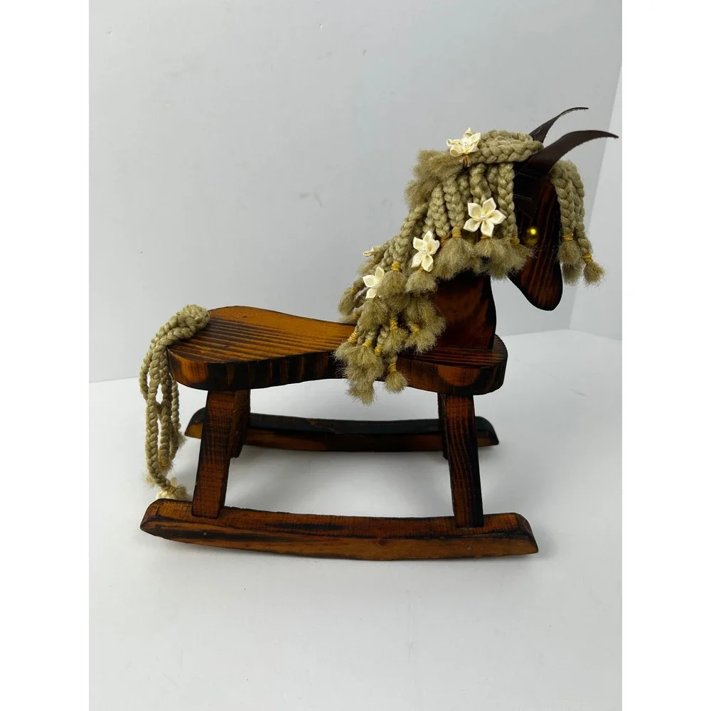 Vintage Handcrafted Wooden Rocking Horse Figurine Braided Yarn Mane Flowers